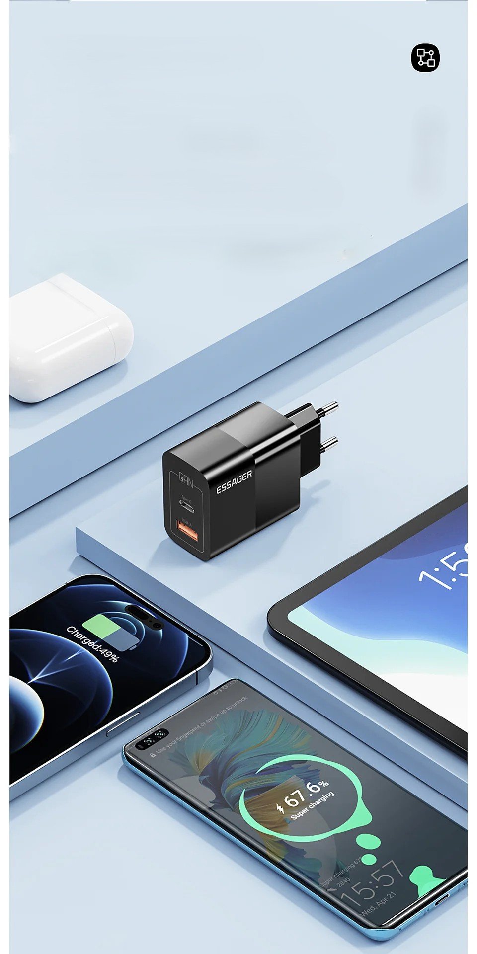 Carregador Essager GaN 33W – USB-C + USB-A - Imagem 3