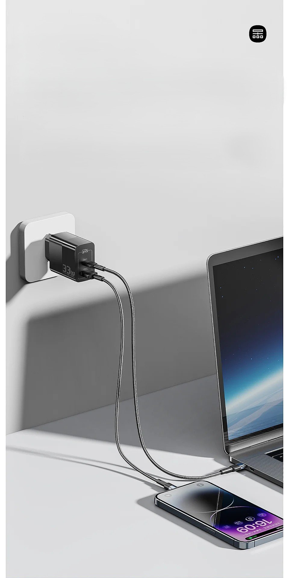 Carregador Essager GaN 33W – USB-C + USB-A - Imagem 2